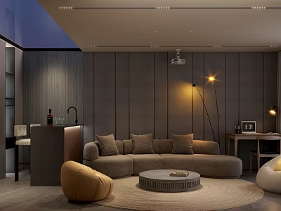 Modern Home Theater Room Interior With Gray Sofa Projector Floor Lamp And Round Coffee Table 3d model