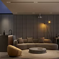 Modern Home Theater Room Interior With Gray Sofa Projector Floor Lamp And Round Coffee Table