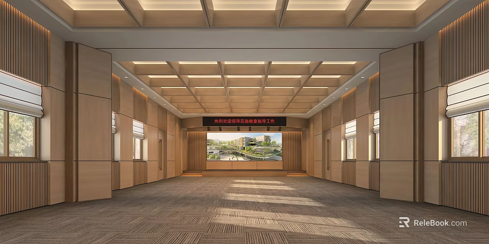 Modern Spacious Conference Room With Wooden Walls Ceiling Design Large Screen And Carpeted Floor Windows 3d model 
