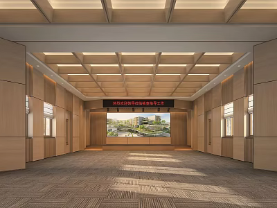 Modern Spacious Conference Room With Wooden Walls Ceiling Design Large Screen And Carpeted Floor Windows 3d model