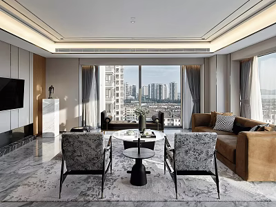 Modern Living Room Interior With Large Windows City View Brown Sofa Patterned Chairs Coffee Table 3d model