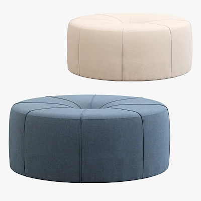 Modern Round Fabric Ottomans In Beige And Navy Blue With Stitched Top Design Details 3d model