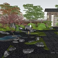 Traditional Courtyard Garden With Japanese Wooden House Stone Lanterns And Maple Tree