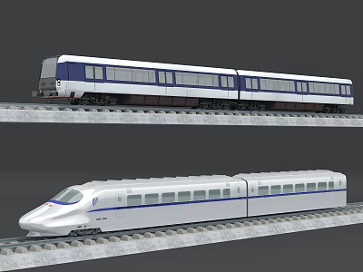 White Streamlined High Speed Train and Blue White Passenger Train on Rail Tracks 3d model
