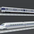White Streamlined High Speed Train and Blue White Passenger Train on Rail Tracks 3d model