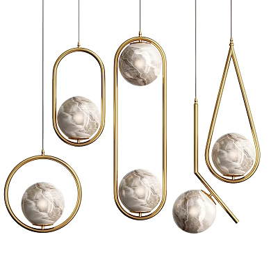 Elegant Modern Gold Frame Chandeliers With Marble Spheres In Round Oval Teardrop Hanging Shapes 3d model