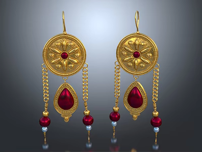 Golden Floral Design Earrings With Red Gemstone Teardrop Shape Gold Chains And Red Blue Beads 3d model