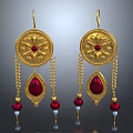 Golden Floral Design Earrings With Red Gemstone Teardrop Shape Gold Chains And Red Blue Beads
