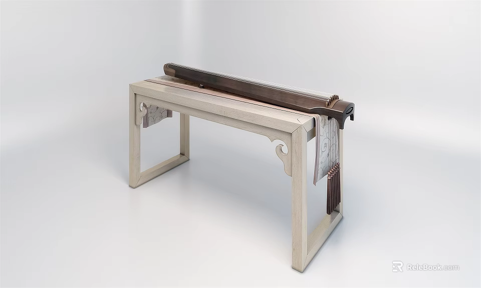 Traditional Musical Instruments and Art Supplies on Handcrafted Qin Table with Carvings and Tassels 3d model 