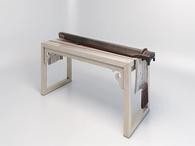 Traditional Musical Instruments and Art Supplies on Handcrafted Qin Table with Carvings and Tassels 3d model