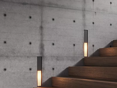 Industrial Style Staircase With Concrete Wall Wooden Steps And Wall Lights 3d model