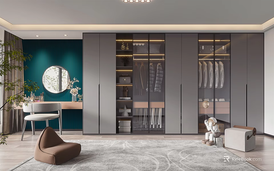 Elegant Modern Walk-in Closet Interior With Glass Door Cabinets Hanging Rods And Full-Length Mirror 3d model 