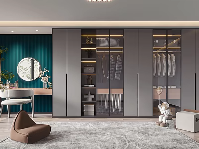 Elegant Modern Walk-in Closet Interior With Glass Door Cabinets Hanging Rods And Full-Length Mirror 3d model