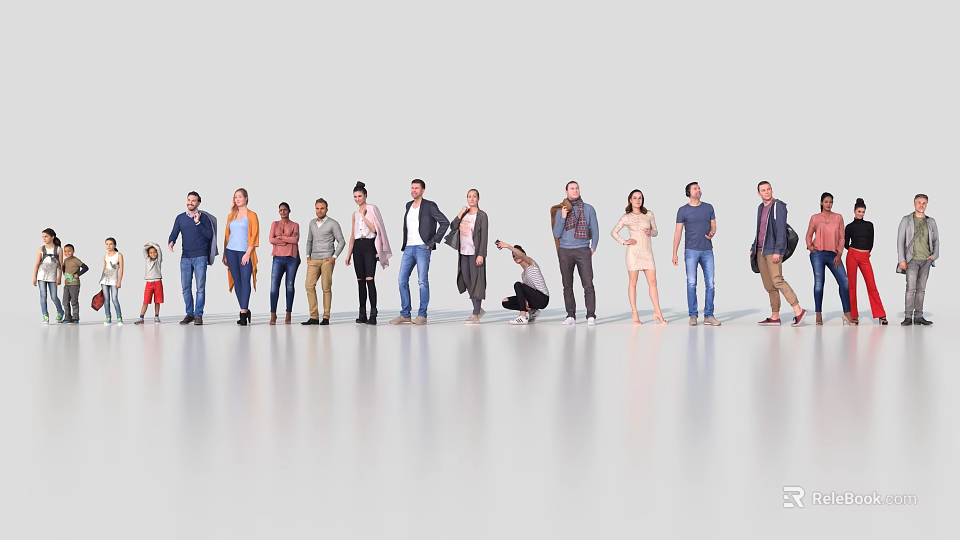Diverse Group of People Standing in Line with Some Crouching Against Simple Background 3d model 