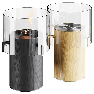 Modern Fireplace With Black And Light Wood Base Transparent Glass Cover Flame And Metal Accents 3d model