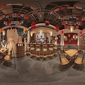 Traditional Chinese Restaurant Interior Design With Hanging Lanterns Wooden Tables Chairs And Mural Decor