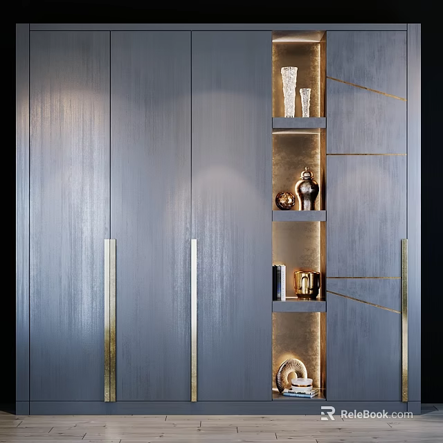 Gray Chest of Drawers With Gold Handles And Side Shelves For Decorative Items 3d model 