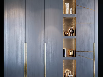 Gray Chest of Drawers With Gold Handles And Side Shelves For Decorative Items 3d model