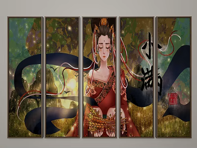 Five Panel Chinese Traditional Painting Featuring Female Figure And Xiaoman Theme 3d model