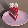 Slice of Red Velvet Cake with Cream Topping on Pink Plate