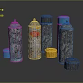 Colorful Spray Cans With Graffiti Designs And Various Colored Caps Displayed 3d model