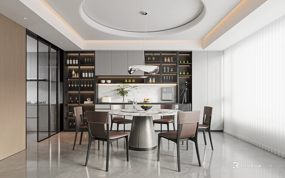 Modern Restaurant Interior With Round Dining Table Chairs Pendant Light And Wine Racks 3d model