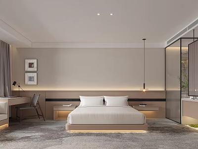 Modern Hotel Guest Room Interior With King Bed Nightstand And Lighting 3d model