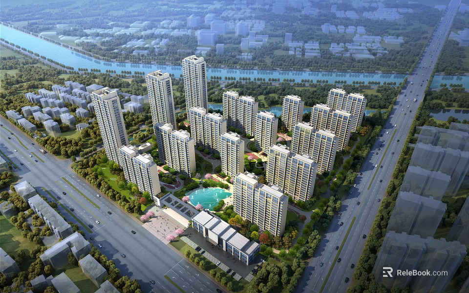 Aerial View Planning of Residential With High Rise Buildings Green Spaces Central Pool and River 3d model 