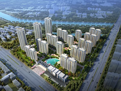 Aerial View Planning of Residential With High Rise Buildings Green Spaces Central Pool and River 3d model