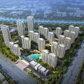 Aerial View Planning of Residential With High Rise Buildings Green Spaces Central Pool and River