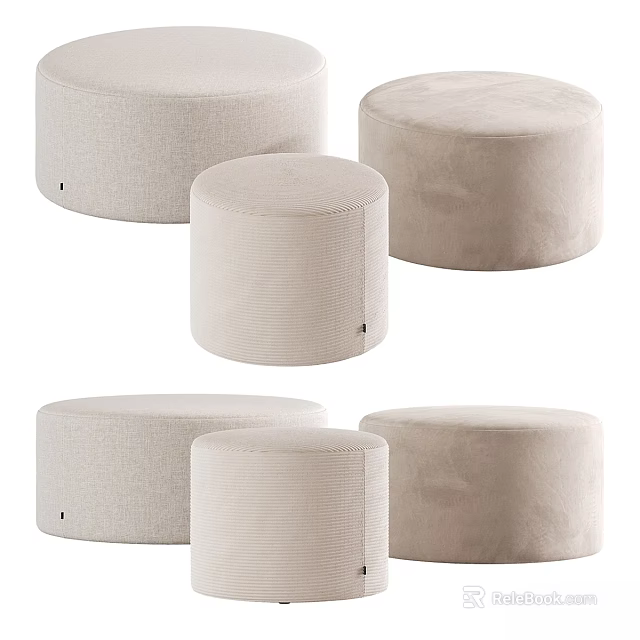 Beige Upholstered Round Ottomans In Various Sizes For Living Room Decor 3d model 