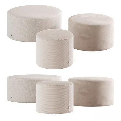 Beige Upholstered Round Ottomans In Various Sizes For Living Room Decor 3d model