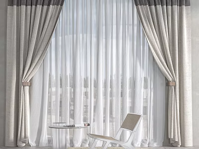 Elegant Double Layer Curtains Featuring Light Gray Drapes And White Sheer Panels With Window View 3d model