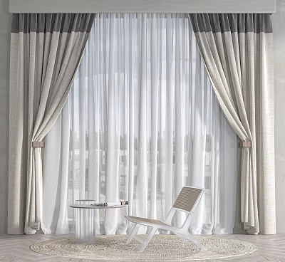 Elegant Double Layer Curtains Featuring Light Gray Drapes And White Sheer Panels With Window View 3d model