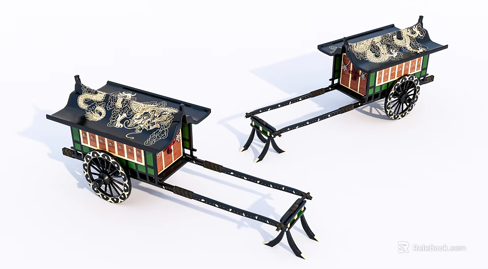 Two Traditional Ornate Carriages With Dragon Patterns Green Body And Wooden Wheels 3d model 