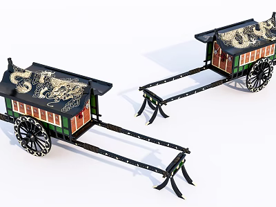 Two Traditional Ornate Carriages With Dragon Patterns Green Body And Wooden Wheels 3d model
