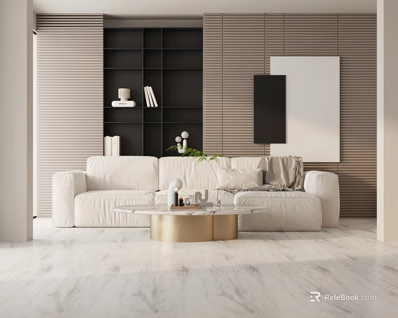 Modern Living Room Interior With Three-Seater Sofa Gold Coffee Table Green Plant And Bookshelf Mirror 3d model 