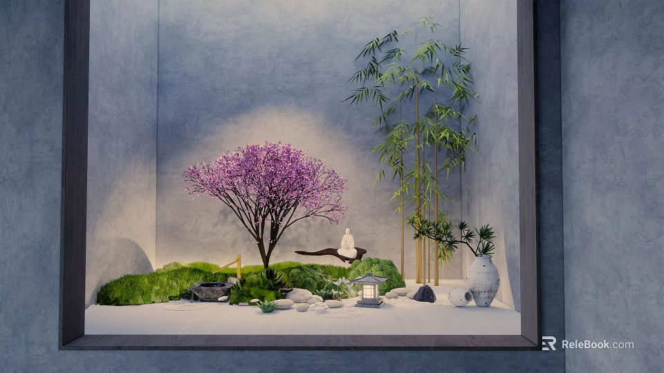 Karesansui Zen Garden Design With Purple Cherry Blossom Bamboo Moss Stones And White Statue 3d model 