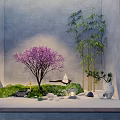 Karesansui Zen Garden Design With Purple Cherry Blossom Bamboo Moss Stones And White Statue