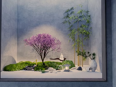 Karesansui Zen Garden Design With Purple Cherry Blossom Bamboo Moss Stones And White Statue 3d model