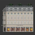 Multi story Commercial Residential Building With Storefronts Windows Roof Skylights And Green Plants