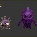 Two Purple Creature Characters With Big Eyes Small And Large Bodies Featuring Tentacles And Limbs