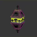 Futuristic Geometric Polyhedron Sculpture With Yellow Black Mechanical Silhouettes And Starry Patterns