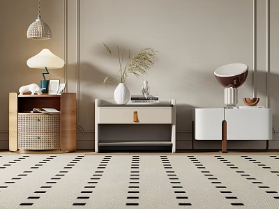 Minimalist Modern Bedside Tables With Wooden White Designs Woven Basket Vase Lamp And Decor Items 3d model