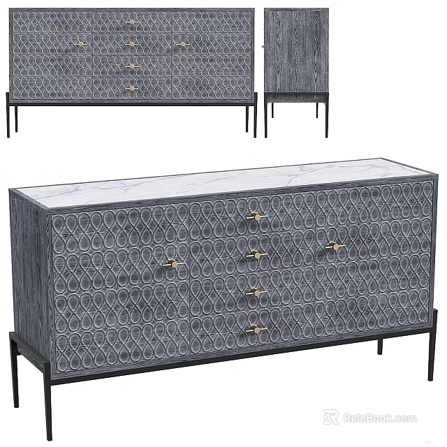 Modern Decorative Cabinet With Geometric Pattern Surface Multiple Drawers Gold Handles And Black Legs 3d model 