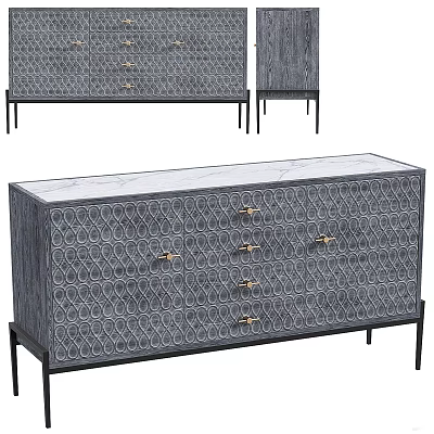 Modern Decorative Cabinet With Geometric Pattern Surface Multiple Drawers Gold Handles And Black Legs 3d model