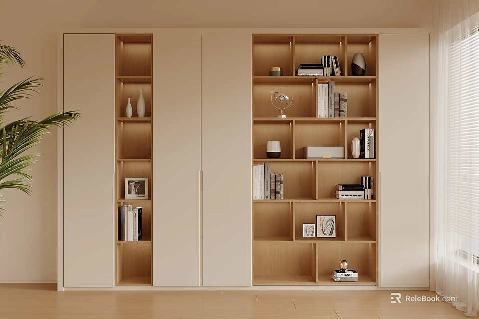 Modern Wooden Bookcase With Cabinet Doors Open Shelves Books Photo Frames And Vases 3d model 