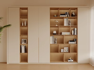 Modern Wooden Bookcase With Cabinet Doors Open Shelves Books Photo Frames And Vases 3d model