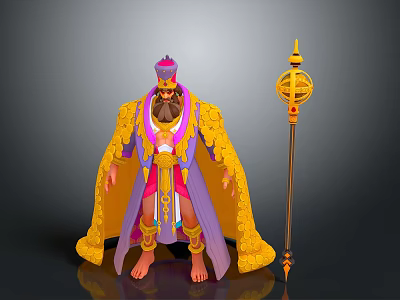 Mythical Character In Ornate Purple And Yellow Robe With Golden Staff 3d model