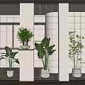 Indoor Glass Partition Design with Circular Pattern and Green Plant on White Shelf